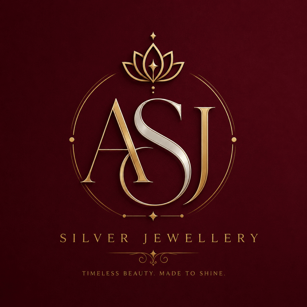 ASJ Silver Jewellery logo with gold and silver lettering on a burgundy background