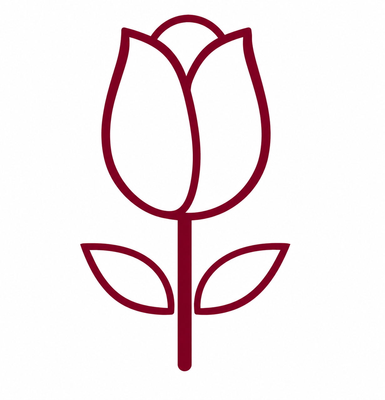 Minimalist burgundy tulip logo with white-filled petals and leaves