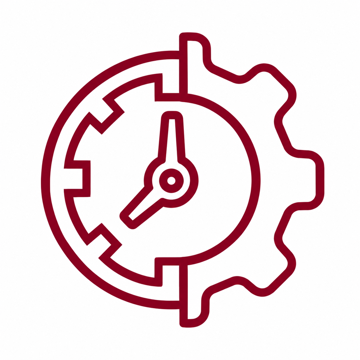 Minimalist burgundy clock and gear icon with clean white background