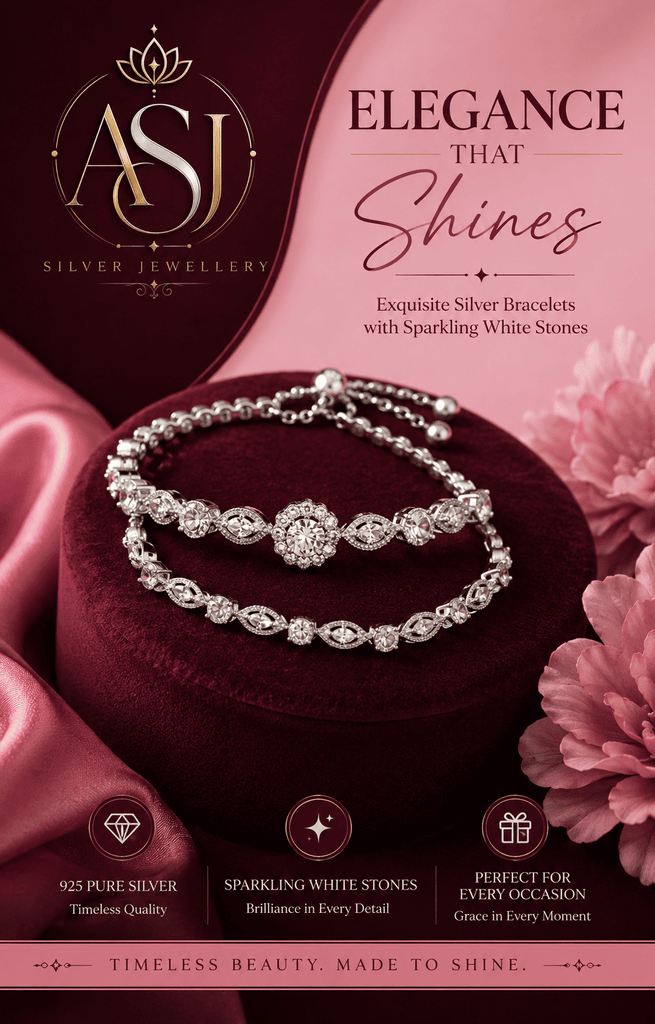 Elegant silver bracelets with sparkling white stones displayed on a burgundy velvet jewellery box by Aruna Silver Jewellery.