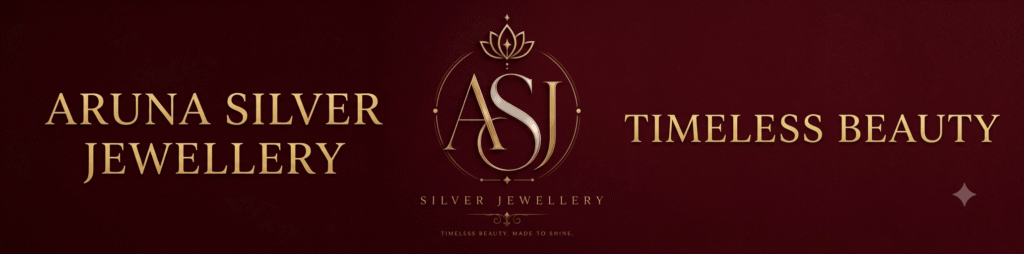 ASJ Silver Jewellery logo with elegant crown symbol and tagline on a luxury burgundy background