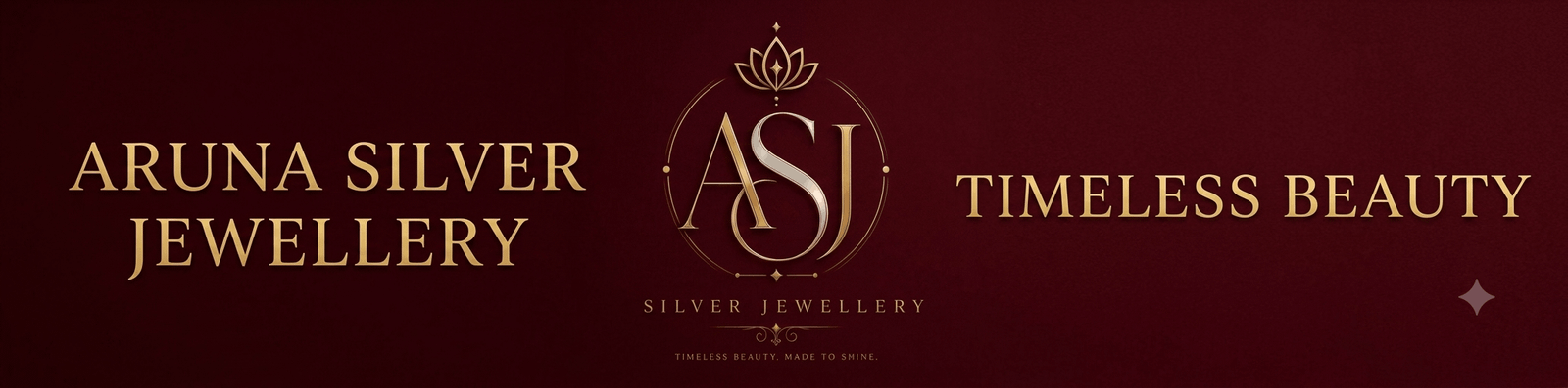 ASJ Silver Jewellery logo with elegant crown symbol and tagline on a luxury burgundy background