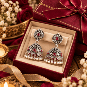 Traditional jhumka earrings with red stones and pearl-like dangling beads displayed against a burgundy background