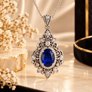 Ornate silver-tone pendant necklace with a deep blue oval center stone and intricate floral filigree detailing displayed on a cream background.