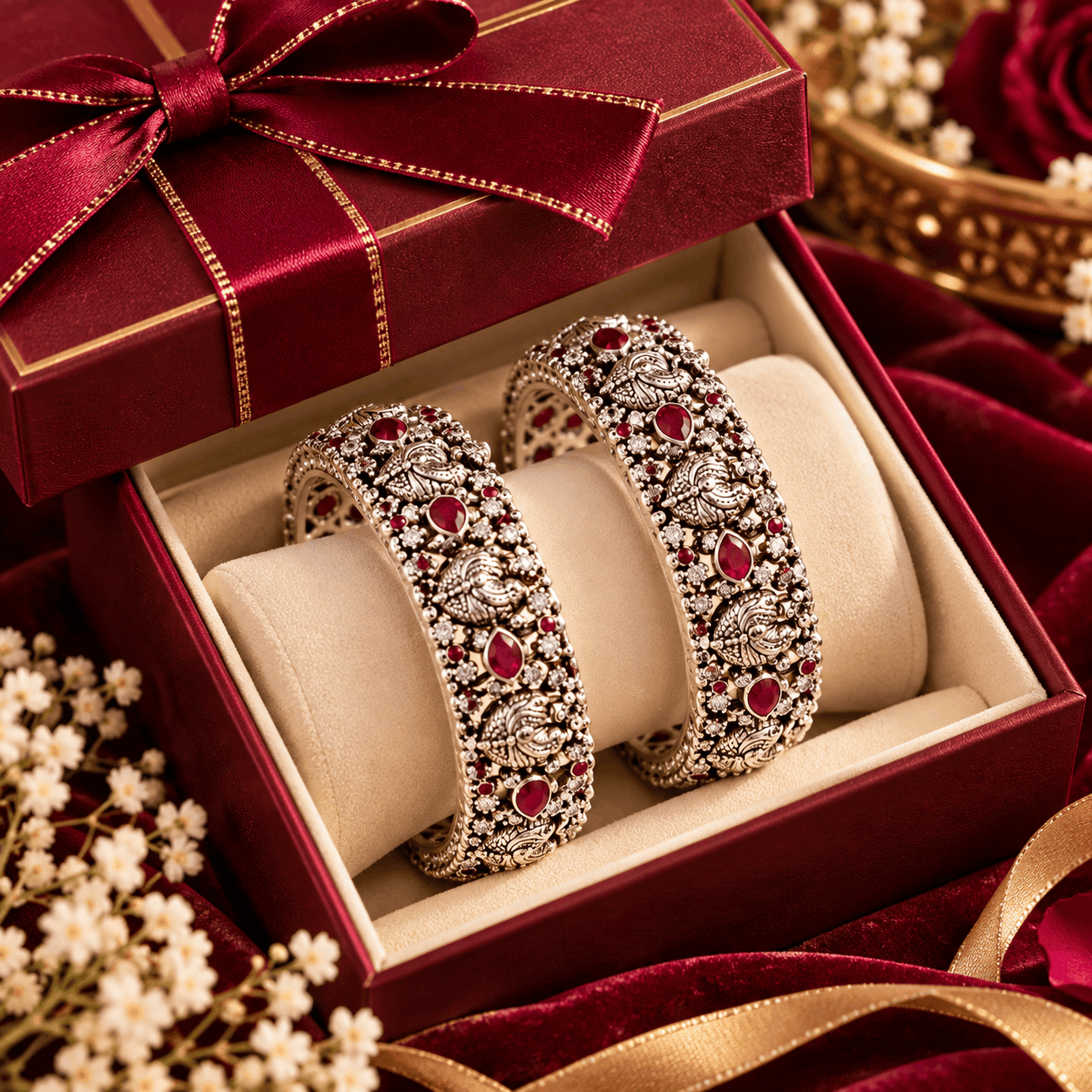 Pair of ornate silver-tone bangles with ruby-red stones and floral engravings displayed in a burgundy velvet gift box.