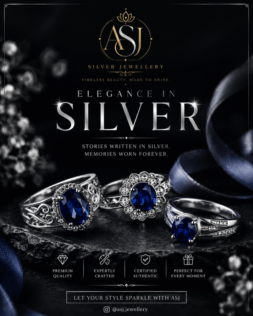 Aruna Silver Jewellery online luxury silver rings featuring elegant blue gemstones on a premium black background.